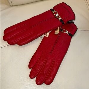 Aris Red Faux‎ Leather Gloves With Gold Accents